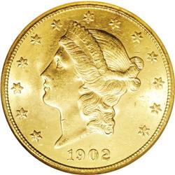 1902-S $20 MS63 NGC. Rich golden color accompanies mod
