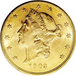 1903 $20 MS65 PCGS. A satiny, minimally abraded repres