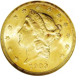 1903 $20 MS65 NGC. A fully lustrous Gem example, excee