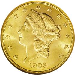 1903-S $20 MS64 NGC. Sharply struck with bright golden