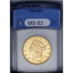 1904 $20 MS63 ANACS. Well struck with bright, prooflik