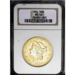 1904 $20 MS63 NGC. Sharply struck on the motifs, with
