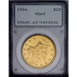 1904 $20 MS63 PCGS. Frosty luster dominates the eye ap