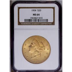 1904 $20 MS64 NGC. Radiantly lustrous surfaces display