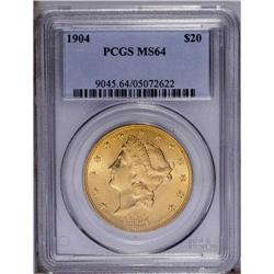 1904 $20 MS64 PCGS. This near-Gem displays considerabl