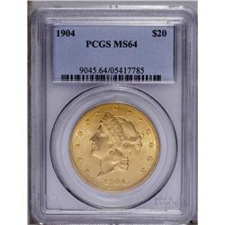 1904 $20 MS64 PCGS. Lustrous, peach-gold surfaces disp