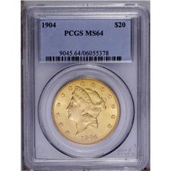 1904 $20 MS64 PCGS. Bright apricot-gold surfaces displ