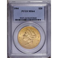 1904 $20 MS64 PCGS. Bright luster radiates from aprico