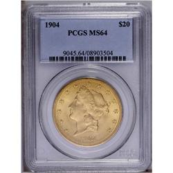1904 $20 MS64 PCGS. Satiny apricot-gold surfaces radia