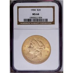 1904 $20 MS64 NGC. This near-gem twenty displays apric