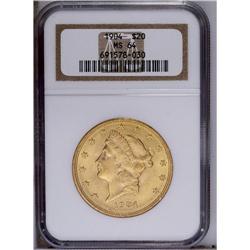 1904 $20 MS64 NGC. Lustrous surfaces reveal apricot-go