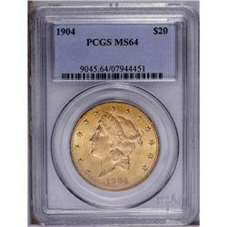 1904 $20 MS64 PCGS. Pleasing yellow and peach-gold sur