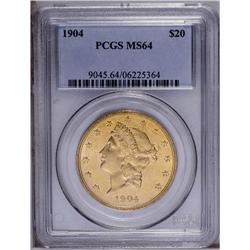 1904 $20 MS64 PCGS. Peach-gold surfaces display proofl