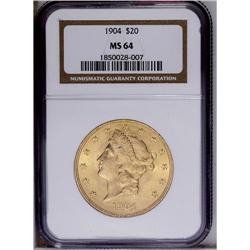 1904 $20 MS64 NGC. Excellent luster prevails on pleasi