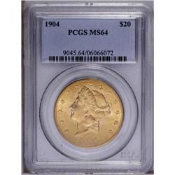 1904 $20 MS64 PCGS. Lustrous surfaces are visited by a