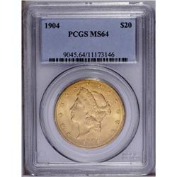 1904 $20 MS64 PCGS. Generally clean, apricot-gold surf