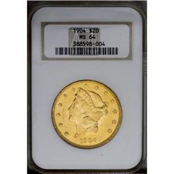1904 $20 MS64 NGC. Greenish-gold patina with sharply d