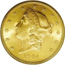 1904 $20 MS65 PCGS. Highly lustrous, apricot-gold surf