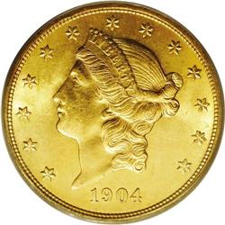 1904 $20 MS65 PCGS. A pleasing example of this plentif