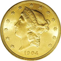 1904 $20 MS65 PCGS. Deep orange-gold patina graces the