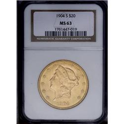 1904-S $20 MS63 NGC. Lovely peach and green-gold color