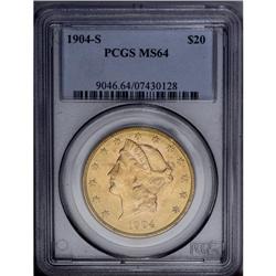 1904-S $20 MS64 PCGS. Yellow-gold colored with full de