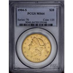 1904-S $20 MS64 PCGS. A lovely S-mint near-Gem with bo
