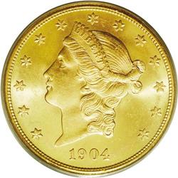 1904-S $20 MS65 PCGS. Sharply struck and attractive wi
