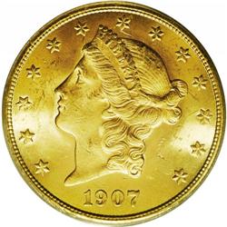 1907-S $20 MS63 PCGS. Well struck, fully lustrous, and