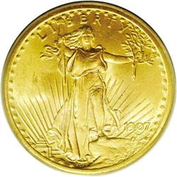 1907 $20 Arabic Numerals MS65 PCGS. Deep yellow-gold s