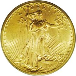 1907 $20 Arabic Numerals MS65 PCGS. Lemon-yellow surfa