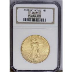 1908 $20 No Motto MS63 NGC. Long rays subtype. Green-g