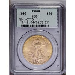 1908 $20 No Motto MS64 PCGS. This near-Gem presents ho