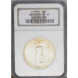 1908 $20 No Motto MS64 NGC. Long Rays obverse. A lustr