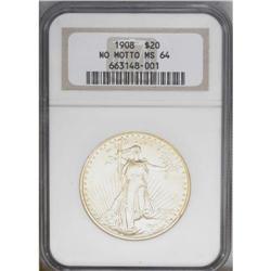 1908 $20 No Motto MS64 NGC. Long Rays subtype. This lu