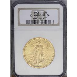 1908 $20 No Motto MS64 NGC. Long rays hub. A lustrous