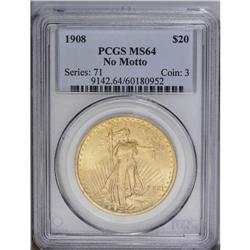 1908 $20 No Motto MS64 PCGS. This bright straw-gold ex