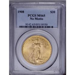 1908 $20 No Motto MS65 PCGS. Long rays subtype. A lust