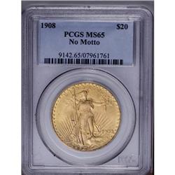 1908 $20 No Motto MS65 PCGS. Short rays subtype. This