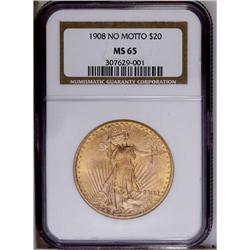 1908 $20 No Motto MS65 NGC. Deep golden-rose toning bl