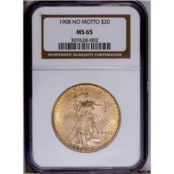 1908 $20 No Motto MS65 NGC. Fully lustrous with gorgeo