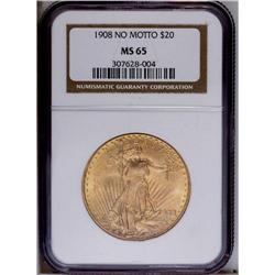 1908 $20 No Motto MS65 NGC. Typical deep coloration ad