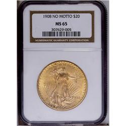 1908 $20 No Motto MS65 NGC. A pleasing amalgam of rich