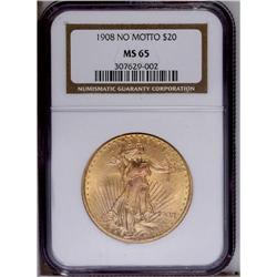 1908 $20 No Motto MS65 NGC. A boldly struck Gem with r