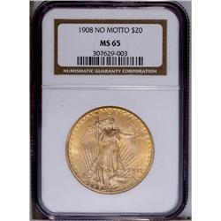 1908 $20 No Motto MS65 NGC. Deep rose-gold coloration