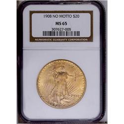 1908 $20 No Motto MS65 NGC. A pleasing Gem example of