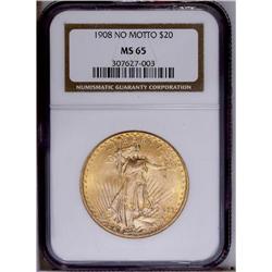 1908 $20 No Motto MS65 NGC. Deep orange-gold and green