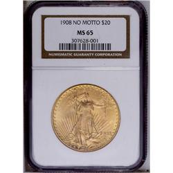 1908 $20 No Motto MS65 NGC. Sharply defined with soft