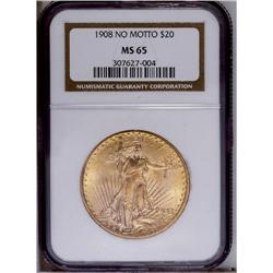 1908 $20 No Motto MS65 NGC. The mint luster has taken