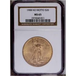 1908 $20 No Motto MS65 NGC. A pleasingly smooth Gem wi